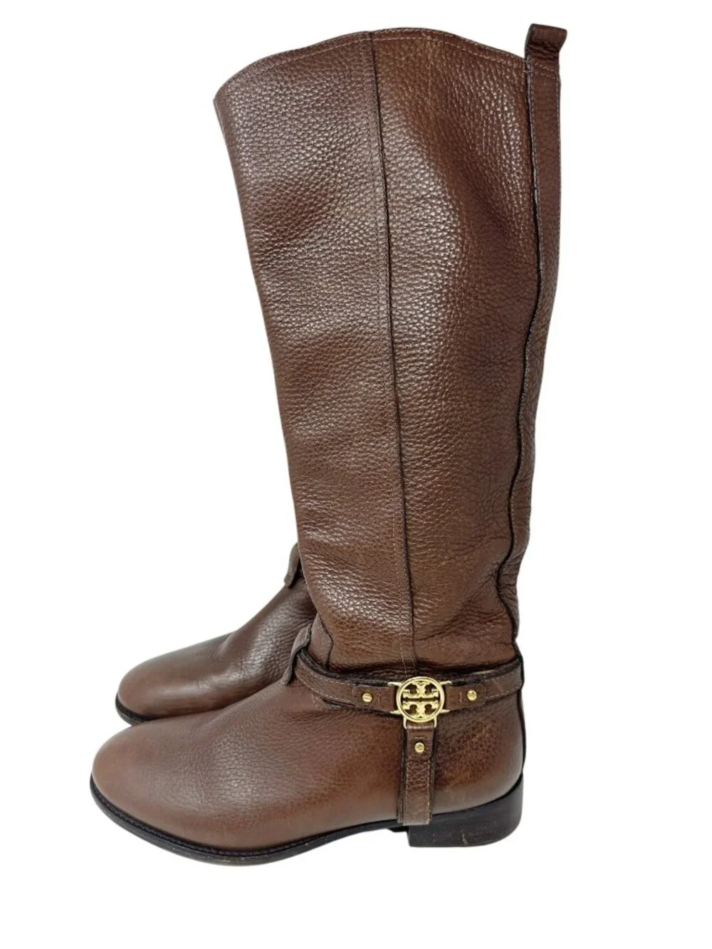 Tory Burch Logo Harness Riding Boots Brown Pebbled Leather Women's 10.5